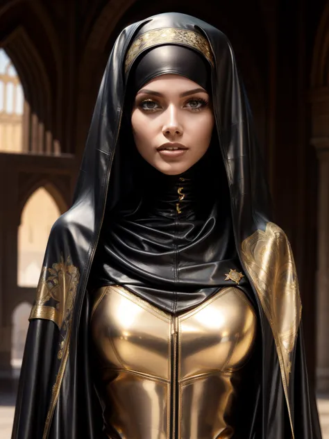 gorgeous woman, professional, (4k photo) by (Jeremy Lipking:0.3), (Dittmann Anna:0.3), (Arian Mark:0.3), (Sharp focus:1.3), (beautiful woman:1.3), wearing (leather hijab, leather abaya with intricate gold details:1.2), perfect make-up, striking, mesmerizin...