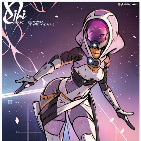 anime-inspired, anime, 1quarian, solo, tali, pink-tinted visor, slender, beautiful hips, chibi