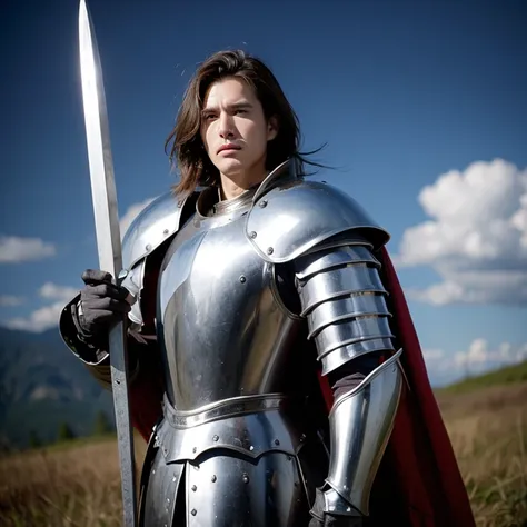 battlefiled，Brown-haired man，Medieval War Armor，With a big sword in his hand，Staring into the distance