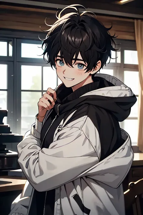 ultra-detailliert, best quality, finely detail, anime boy, 1 boy, man's, black hair, medium hair, messy pointed hair, black fur ...