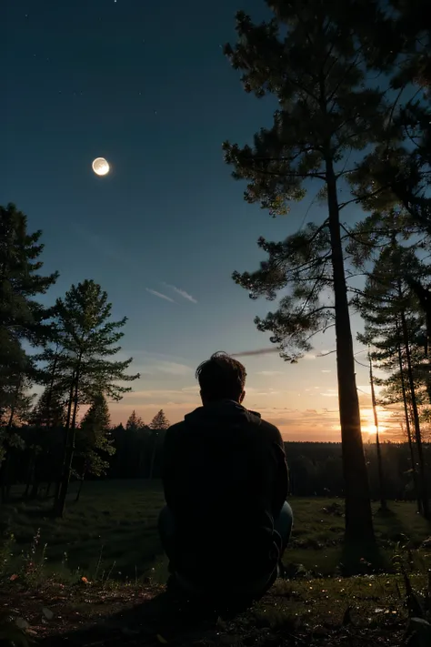 a depressive guy sitting in a forest looking for the moon, sky, night