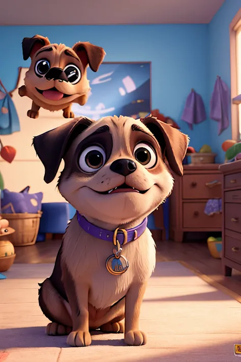 a 3d pixar disney style movie poster with a happy pug dog playing in a room