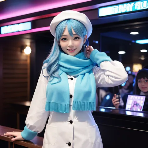 woman, beret, scarf, color: white and blue, cyan hair, bangs facing viewer, big breasts, full body angle, shy, smile, karaoke bar