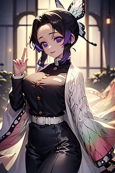 top-quality、masuter piece、（（Ultra detailed backgrounds、delicate patterns、Best intricate and detailed quality、very vey very detailed face、extremely detailed eye and face、Very detailed eyes））、kochou shinobu、O cabelo multicolorido、No bangs、Forehead、Black shir...