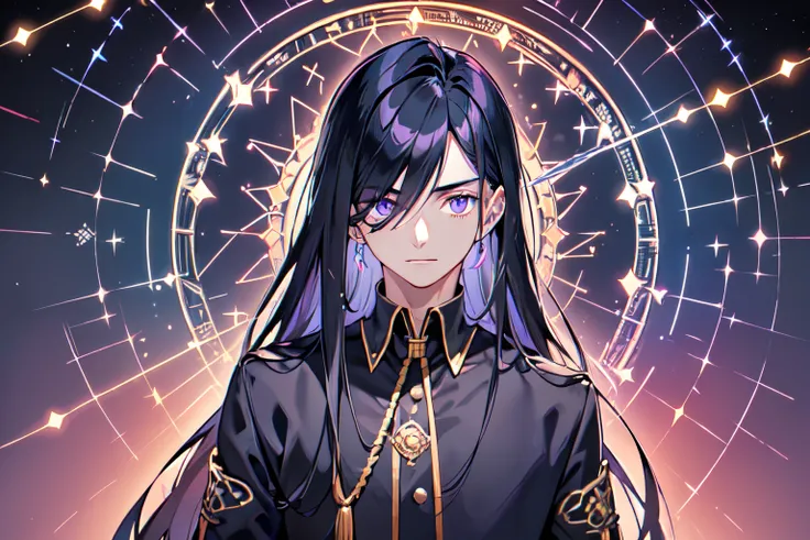 masutepiece, High quality, superclear, super detailed, (((( Male handsome man,  Age 30, )))), Purple eyes, Cool with hanging eyes, V-shaped eyebrows, Strong and fearless body 8.Height 5 horses, 185 cm, Short, well-groomed black hair down to the neck, (((I ...