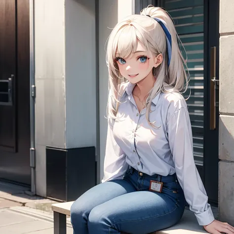 A 25 year old girl wearing  white button shirts and blue jeans pant, smiling face, looking at viewer