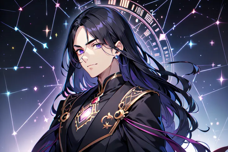 masutepiece, High quality, superclear, super detailed, (((( Male handsome man,  Age 30, )))), Purple eyes, Cool with hanging eyes, V-shaped eyebrows, Strong and fearless body 8.Height 5 horses, 185 cm, Short, well-groomed black hair down to the neck, (((I ...