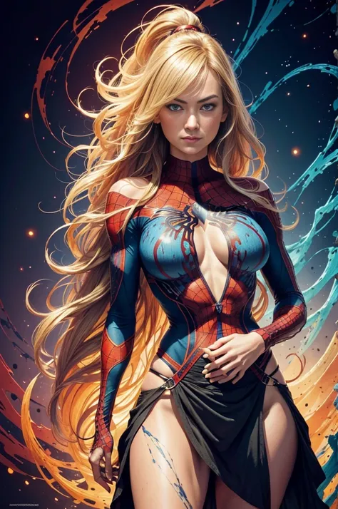 "Yvonne Strahovski, showing her belly button, In New York, wearing a torn spiderman suit, Wearing a skirt, abstract photorealistic, artistic, Alphonse Mucha&#39;Masterpieces of painting, Best Quality, High resolution:1.4), Detailed, Intricate details, 4K, ...