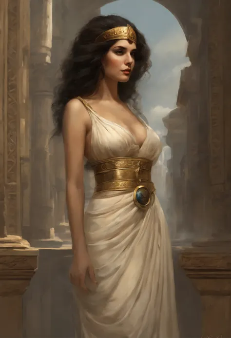 真实感, dark fantasy style, John Tolkien style, Small painting by Jean-Baptiste Monge, Soft facial features, Angribert&#39;s eyebrows, potato nose, Girl with dark hair in the image of Cleopatra.,  girl dressed, in half-naked Cleopatra style, looking at away, ...