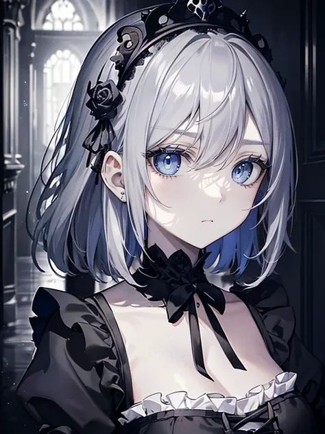 (masutepiece,Best Quality,Ultra-detailed),1girl in,beautiful and detailed face, Detailed eyes,Looking at Viewer,((grey theme),((Depression, saddened, a gloomy)),tired expression,diadems,Gothic Maid uniform,(Foreground),In the old mansion,hallway,Dark