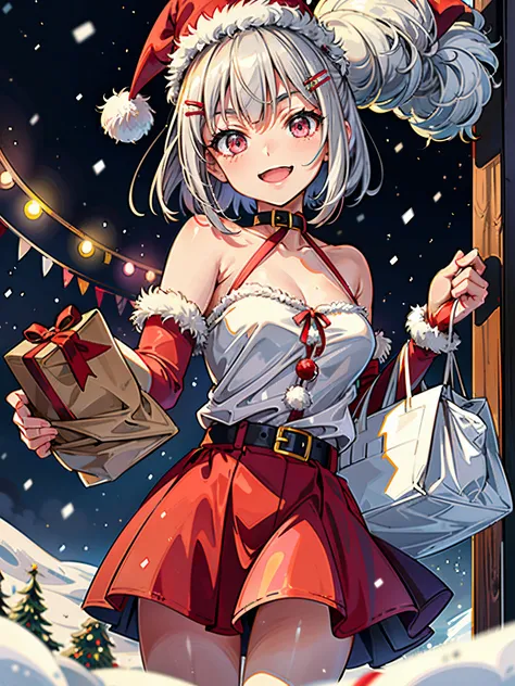 17 year old girl, Santa Claus Costume、Short hair with silver bob styled in a bun with hair clip, Pink eyes、A slight smil、Laugh、small tits、Cute reindeer，Wearing a red Santa hat，horse hoof on the snow，Please bring a gift bag，bring joy and gifts to children。