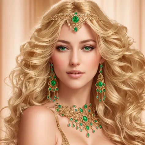 a close up of a woman with a necklace and earrings, karol bak uhd, beautiful elven princess, blonde - haired princess, beautiful and elegant elf queen, emerald tiara and necklace, beautiful fantasy maiden, very beautiful elven top model, gorgeous beautiful...