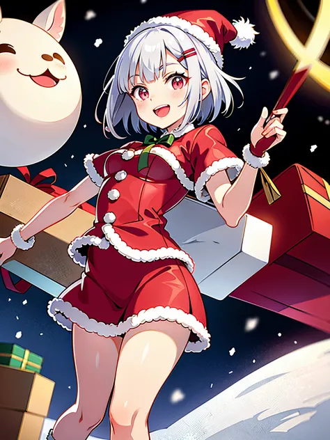 17 year old girl, Santa Claus Costume、Short hair with silver bob styled in a bun with hair clip, Pink eyes、A slight smil、Laugh、small tits、Cute reindeer，Wearing a red Santa hat，horse hoof on the snow，Please bring a gift bag，bring joy and gifts to children。