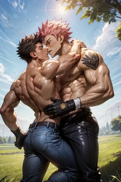 2boys kissing, Natsu Dragneel and Gray Fullbuster, masterpiece, best quality, shirtless slim lean  boys young adults in a grassy field with blue sky and clouds. The men are muscular lean slim and well built, with shiny bodies and defined muscles. The men a...