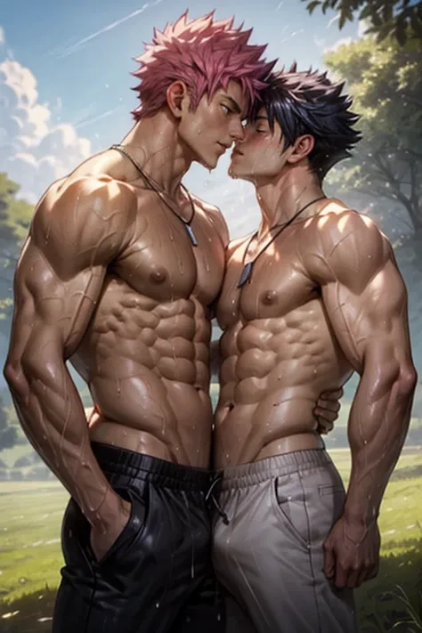 2boys kissing, Natsu Dragneel and Gray Fullbuster, masterpiece, best quality, shirtless slim lean  boys young adults in a grassy field with blue sky and clouds. The men are muscular lean slim and well built, with shiny bodies and defined muscles. The men a...