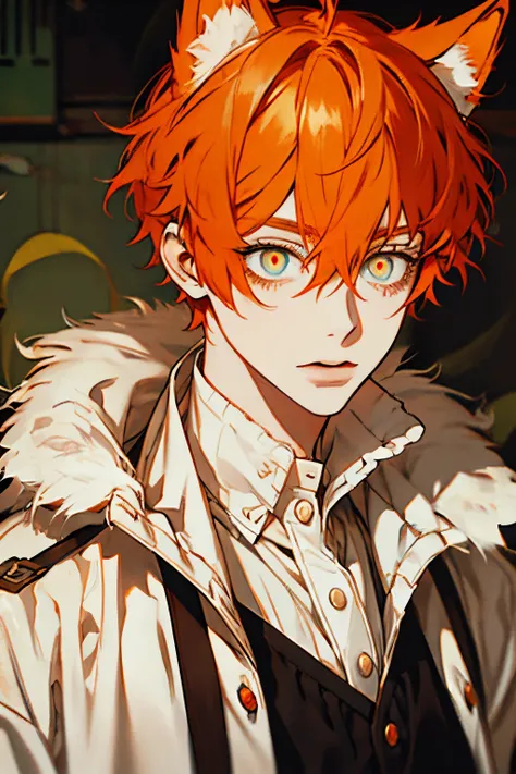 Boy with orange hair, wolf ears, white vest, (eyes:1.5)