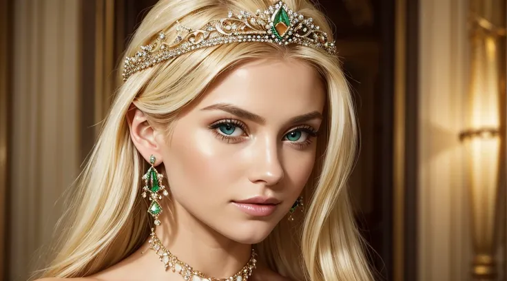 a close up of a woman with a necklace and earrings, beautiful princess, blonde haired princess, beautiful and elegant, tiara and emerald necklace, beautiful fantasy maiden, very beautiful top model, beautiful beautiful woman, a beautiful empress of fantasy...