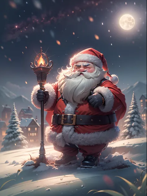 Q version of Santa Claus，Cute and cute，hunchback、chubbiness，Carry a large pocket，the roof，chimneys，Huge moon background，depth of fields，An artwork of，ultra - detailed，4K分辨率，high high quality，电影灯光，High picture detail，Detailed pubic hair，epic graphics