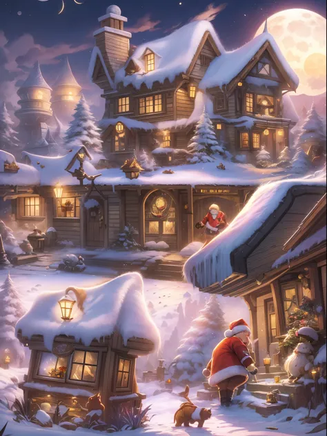 Q version of Santa Claus，Cute and cute，hunchback、chubbiness，Carry a large pocket，the roof，chimneys，Huge moon background，depth of fields，An artwork of，ultra - detailed，4K分辨率，high high quality，电影灯光，High picture detail，Detailed pubic hair，epic graphics