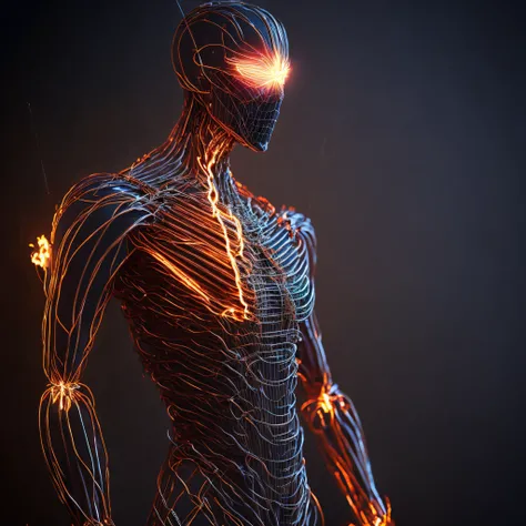 Close-up (Human figure Flame made of metal wires from Marvel in Christmas style: 1.3) emerging from the volcano, well detailed, volumetric light