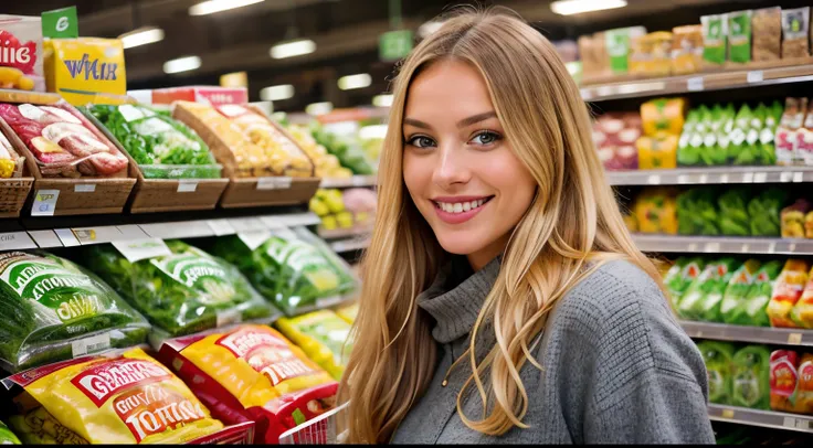 realistic woman in whole foods supermarket, winter season, beautiful face, smiling, looking at viewer, blonde, Caucasian, realistic, lifestyle scene. very detailed, high resolution, masterpiece, best quality, intricate details, highly detailed, sharp focus...