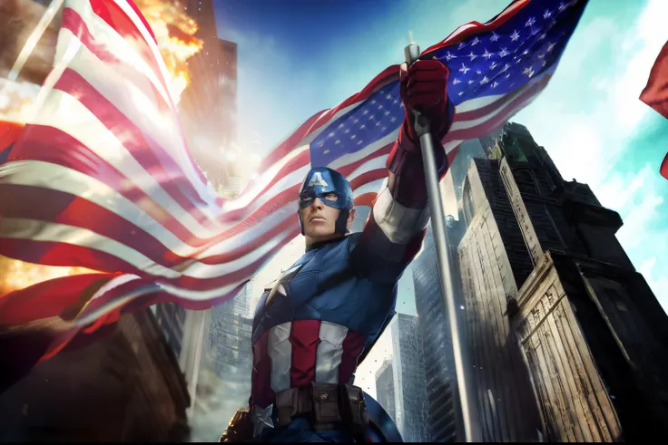 Avengers Captain America holding a flag in front of a building, Captain America, joe biden as captain america, portrait of captain america, mr bean as captain america, sua capa a bandeira americana, avatar aang as captain america, bob ross as captain ameri...