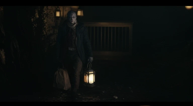 There  a man holding two bags and a lamp, Still from live-action movies, horror movie still, movie still dnd, stills from movies, screenshots from movies, Still in the movie, dark movie lights, horror movie still, Still from a horror movie, Dark eerie movi...