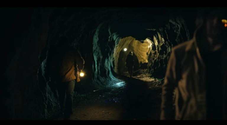 Two people walking in a dark tunnel with lights on, movie still dnd, In a cave. underexposed, movie stilldnd movie, Still from live-action movies, screenshots from movies, stills from movies, Still in the movie, Movies are still in 8k, Still from the movie...