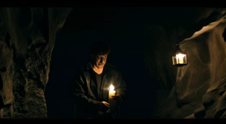 There  a man holding a lantern in a dark cave, movie still dnd, In a cave. underexposed, horror movie still, Still from live-action movies, stills from movies, movie stilldnd movie, screenshots from movies, Still in the movie, Still from a horror movie, St...