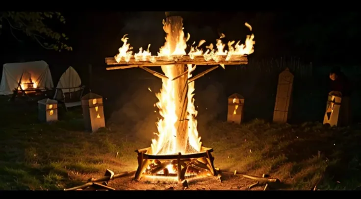 People walk around the fire，There  a cross on the fire, midsummer eve-t, wicker man, Midsummer Eve, full scene shot, Burning scene in the background, bonfires, People who face the Circle of Fire, screenshots from movies, witch burning, Opening scene, Midsu...