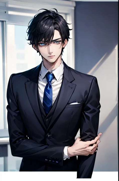 depiction in motion，best qualtiy，1 male，with short black hair，the shirt, seminude、anime handsome guy,wearing a strict suit, dark...