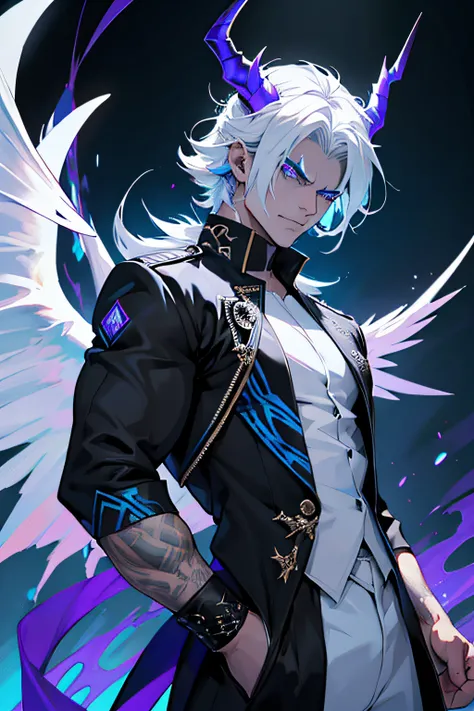 I am a beautiful young white-haired demon of pride, dressed in a black suit with blue markings that highlight my demonic power. A pair of horns on top of my head and a pair of wings serve as a reminder to those who doubt my abilities., while a flaming blue...