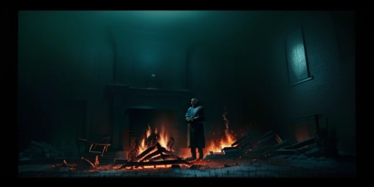 A man stands by the fire in a dark room, amazing cinematography, beautiful cinematography, stunning cinematography, Stunningly moody cinematography, award winning movie still, taken from a movie, Photography by Roger Deakins, Still from music videos, 2 0 2...