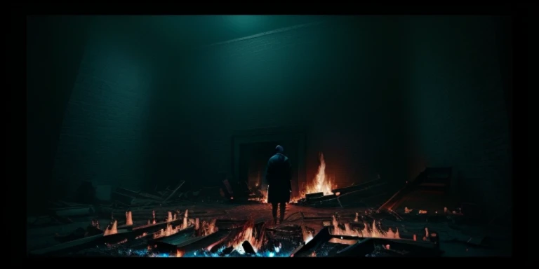 A man stands by the fire in a dark room, amazing cinematography, beautiful cinematography, stunning cinematography, Stunningly moody cinematography, award winning movie still, taken from a movie, Photography by Roger Deakins, Still from music videos, 2 0 2...