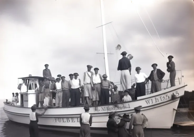 there are many people on a boat with a man standing on the deck, historical image, historical photography, 1 9 4 4, 1944, historical picture, 1943, 1 9 4 5, 1945, unknown location, Rony Cobb, 1 9 4 0, 1940, historic photo, 1 9 4 1