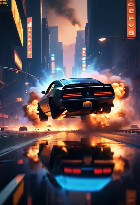 A girl escapes an explosion in a car,Burning car,There are gunshots everywhere,City lights are bright at night,Reflection of neon lights on car windshield,traffic chaos, hasty, intense chase scene, Cinematic action, Night streets, high speed pursuit, on th...