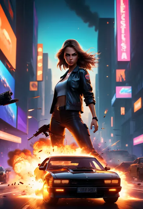 Girl escapes car explosion,Burning car,There are gunshots everywhere,City lights are bright at night,Reflection of neon lights on car windshield,traffic chaos,  Hasty, intense chase scene, Cinematic action, Streets at night, high speed pursuit, endangered,...