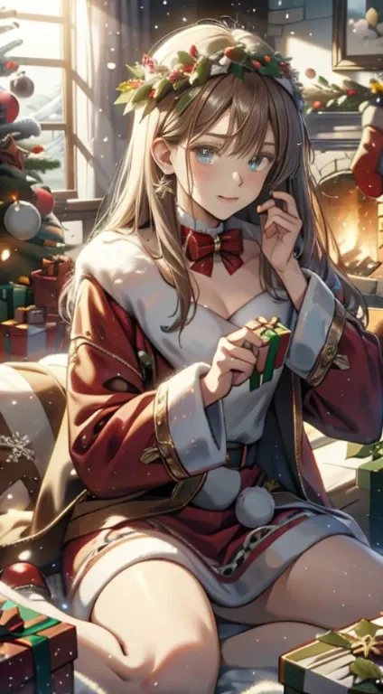 santa claus, handsome face, anime, making toys and getting ready to give gifts, christmas tree, snow, christmas lights, fireplace, presents, cozy vibes, merry christmas, wreath, mistletoe