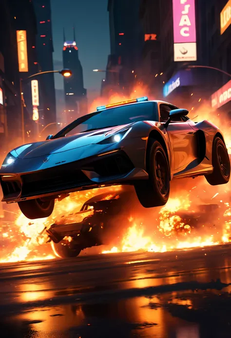 A girl escapes an explosion in a car,Burning car,There are gunshots everywhere,City lights are bright at night,Reflection of neon lights on car windshield,traffic chaos,  hasty, intense chase scene, Cinematic action, Night streets, high speed pursuit, on t...