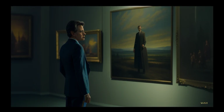 There  a man standing in front of a painting in the room, Still from live-action movies, Very realistic movie still, Surreal movie movie stills, screenshots from movies, stills from movies, Scenes from live-action movies, Still in the movie, cinematic ligh...