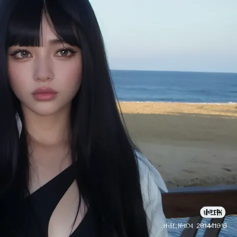 there is a woman with long black hair standing on the beach, Ela tem cabelo preto com franja, Ulzzang, cabelo blackbangs cabelo, cabelo preto longo com franja, her face looks like an orchid, cabelos escuros longos com franja, She has black hair, cabelo whi...