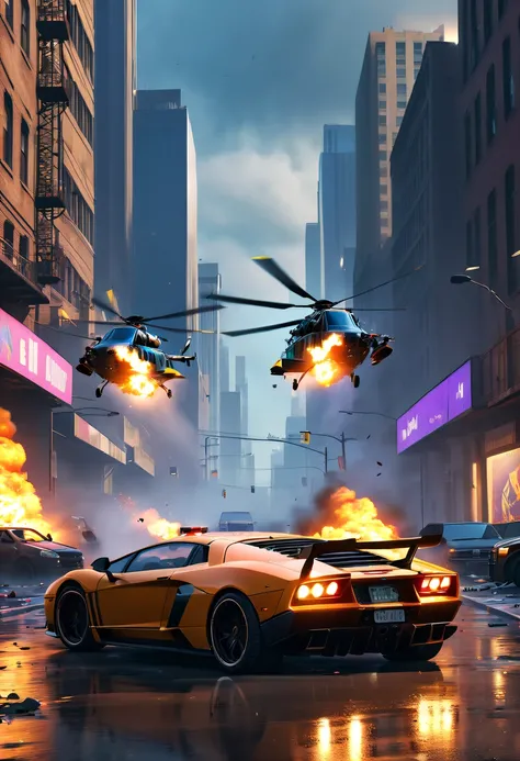 (Best quality at best,4K,8K,A high resolution,tmasterpiece:1.2),ultra - detailed,(actual,realisticlying,Photorealistic:1.37),GTA style showdown,explosive movement,high speed chase,Dystopian cityscape,Gang members,The helicopter circles,city on fire,dramati...