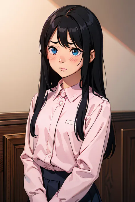 detailed_background,room,black hair,,pixelated,blush, innocent, sharp almond eyes,luca (kuruton486),highres,1girl,solo,kuruton486,sick,casual pink long sleeve shirt,blue eyes,shirt,parted bangs, cutesy