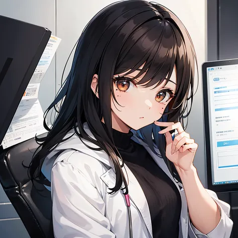 Girl with dark hair, brown eyes, average height with a small mole on the left cheek, works as a doctor