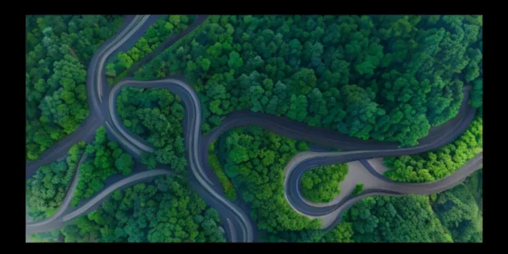 View of a winding road in the forest, serpentine curve!!!, 4k drone photography, drone footage, aerial footage, Bird&#39;s eye view cinestill 800t 18mm, very detailed curve, drone photography, The lines are clear and smooth, Flying over the tropical forest...