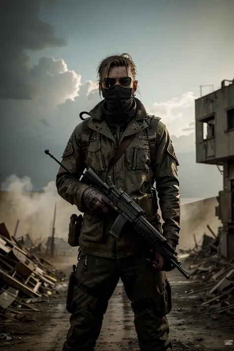 post apocalyptic military man with mask on and an Apocalyptica rifle in his hands. ((best quality)), ((masterpiece)), (detailed)