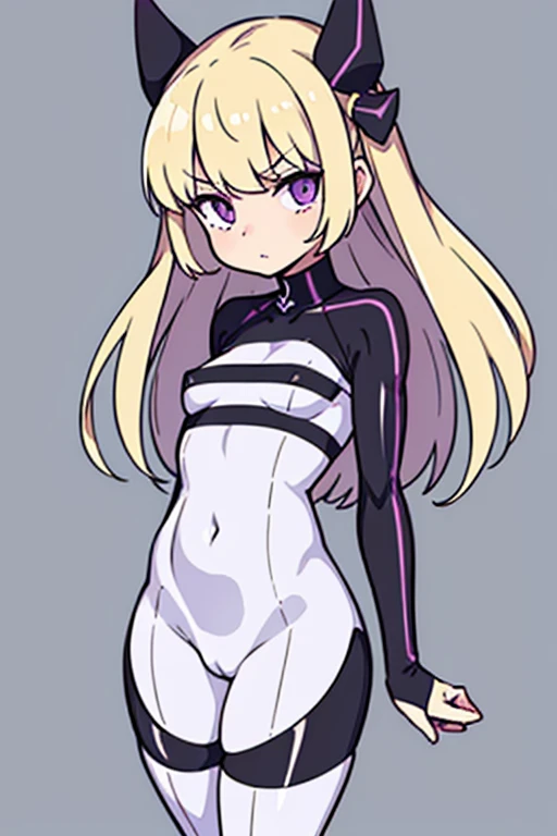 (best quality), (flat shading style 2), 1girl, white blank background, looking at viewer, full body, blonde, purple and black bodysuit with thick vertical stripes, standing, wide hips, long legs