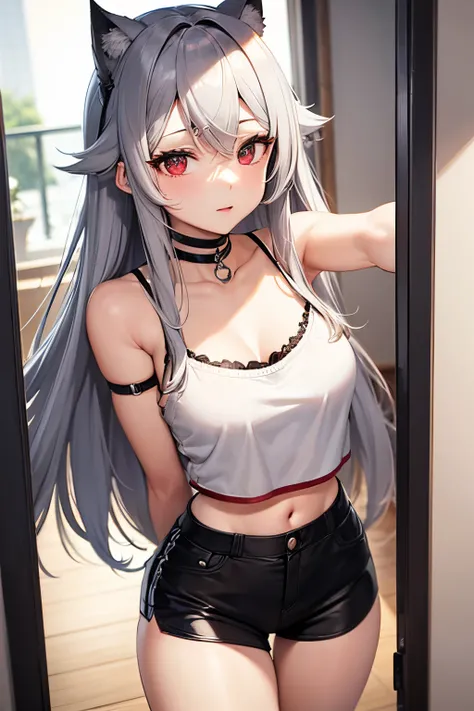 Beautiful gray hair、Beautiful red eyes、Longhaire、Tube Top、shortpants、a choker、Selfie wind