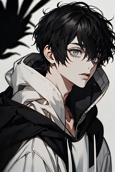 boy, black hair, black eyes, black hoodies, black background,  (eyes:1.5)