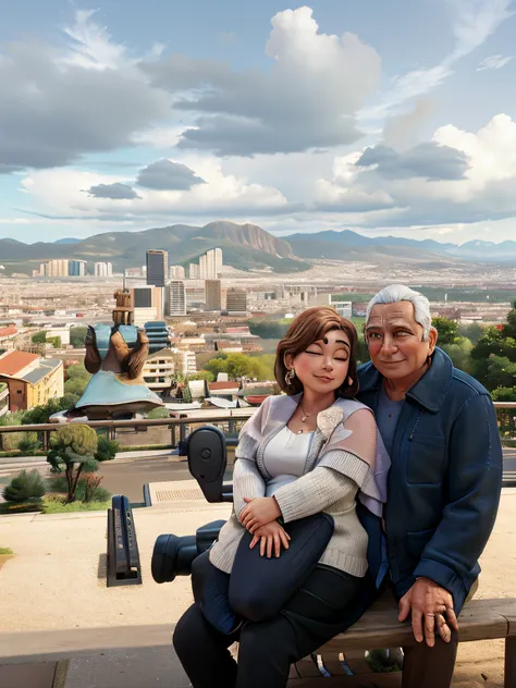 there are two people sitting on a bench in front of a city, in barcelona, with a city in the background, city in the background, city in background, momma and papa, with mountains in the background, view from the top, vacation photo, with mountains in back...